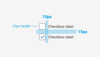 Spacing Diagram A two item vertical list example where the checkbox appears to the left of the text label. The bottom checkbox is checked. The height of the checkbox is 22 pixels, spacing between the checkbox and text label is 10 pixels. Line height between the checkboxes is 15 pixels.