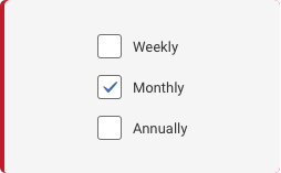 Don't Diagram Two A three item vertical list example where the checkbox appears to the left of the text labels. One checkbox is checked.